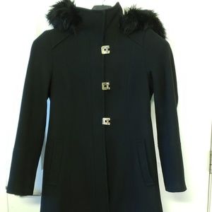 Calvin Klein Black Wool and Faux Fur Coat
